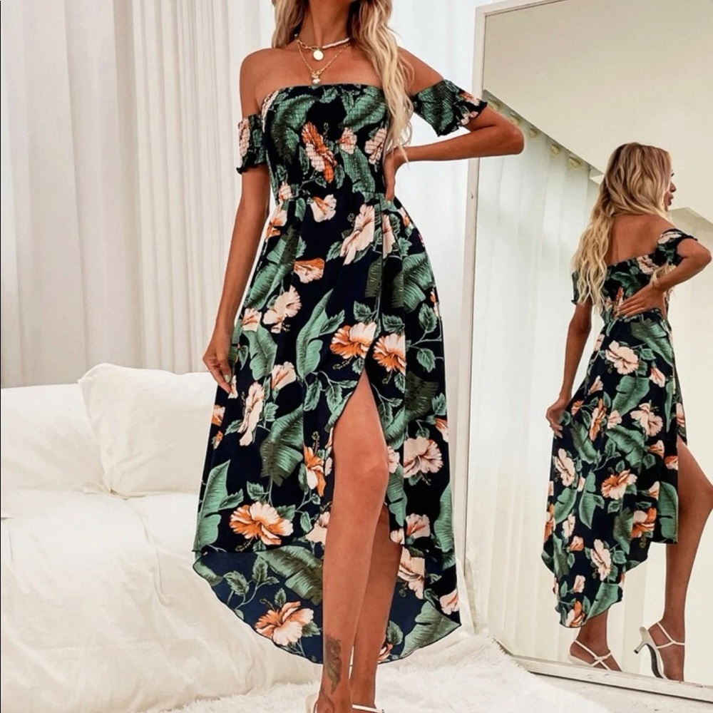 Tropical print gorgeous cold shoulder wrap dress medium green